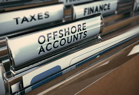 Folder tabs with focus on offshore account tab. Business concept image for illustration of tax evasion.