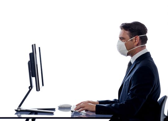 caucasian man cumputing computer wearing protection mask concept isolated studio on white background